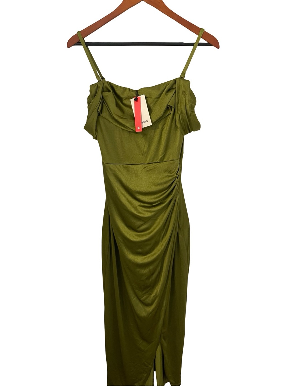 Off-Shoulder Olive Green Satin Evening Dress - Picture 4 of 5